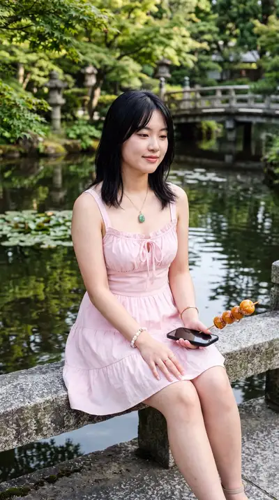 Woman Eating Bakso Bakar by Pond