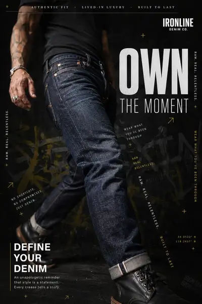 Dark moody premium denim jeans advertisement