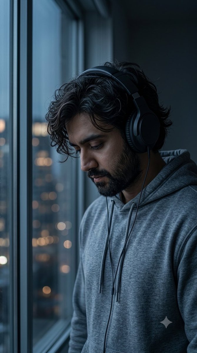 Moody album-cover portrait with headphones by a window