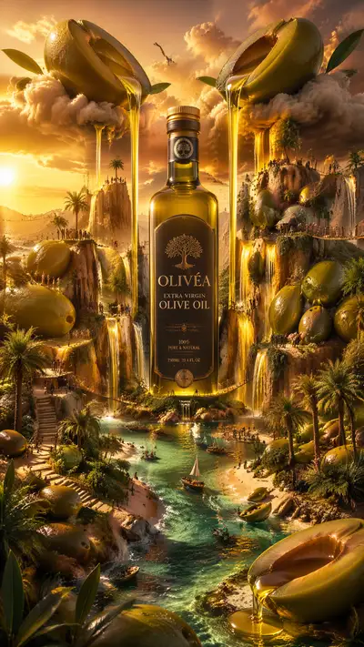 Surreal tropical world made of olives around an olive oil bottle
