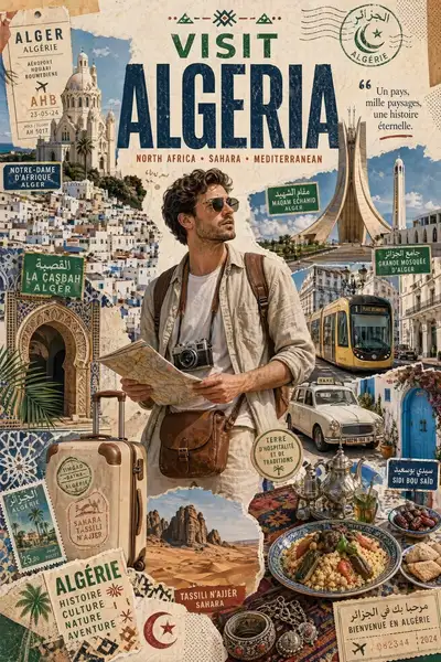 Visit Algeria stylized travel collage poster