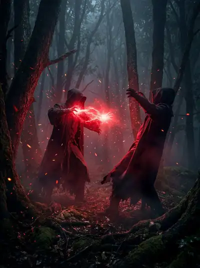 Cinematic clash of hooded figures in a foggy forest
