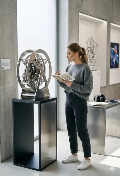 Woman Sketching Steampunk Sculpture in Gallery