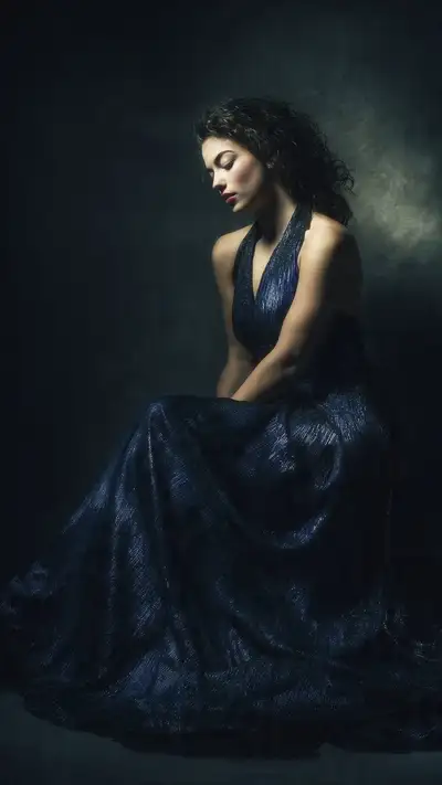 Retrato Cinematográfico e Melancólico de Mulher com Vestido Azul