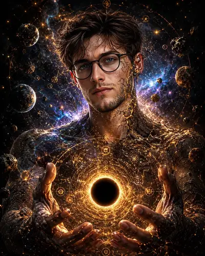 Cosmic Fantasy Portrait of a Man Holding a Black Hole