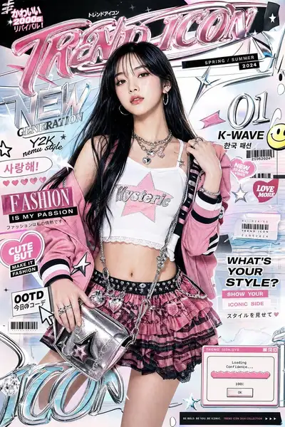 Y2K pop-art fashion editorial poster with holographic graphics