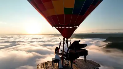 Hot Air Balloon Pianist Cinematic Video Prompt