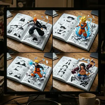 漫画分格突破成3D手办提示词，4部作品的2x2网格