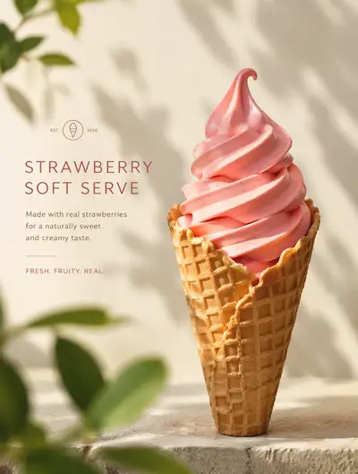 Premium product photo of strawberry soft-serve in a waffle cone