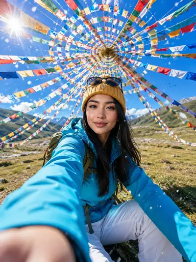 Photorealistic Travel Selfie Portrait with Prayer Flags