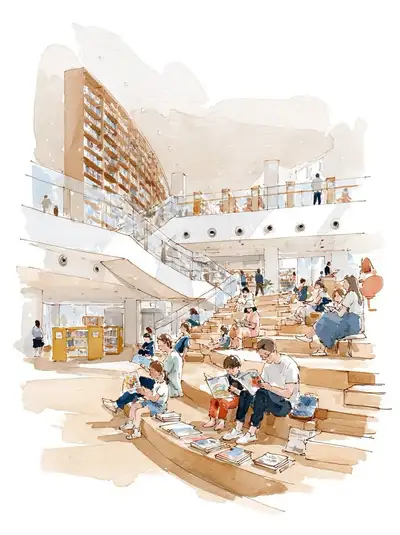 Prompt d'illustration à l'aquarelle d'une bibliothèque de ville moderne