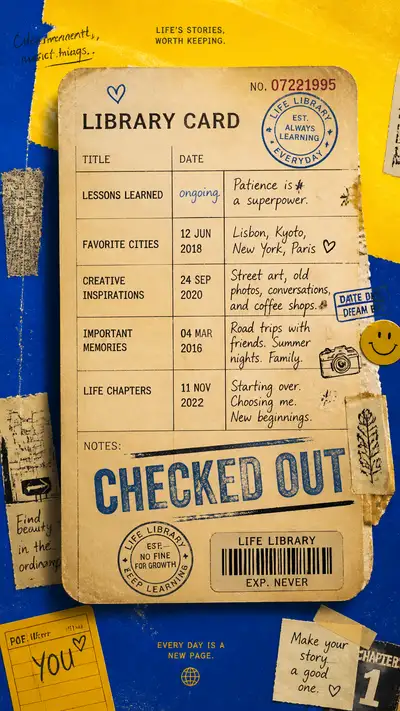 Checked Out library-card life-chapters poster prompt