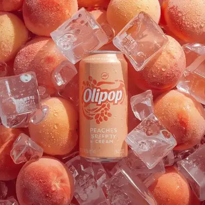 Peach soda can product shot with ice and condensation
