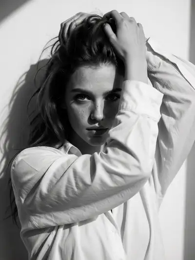 Monochrome high-fashion editorial portrait with raised arm pose