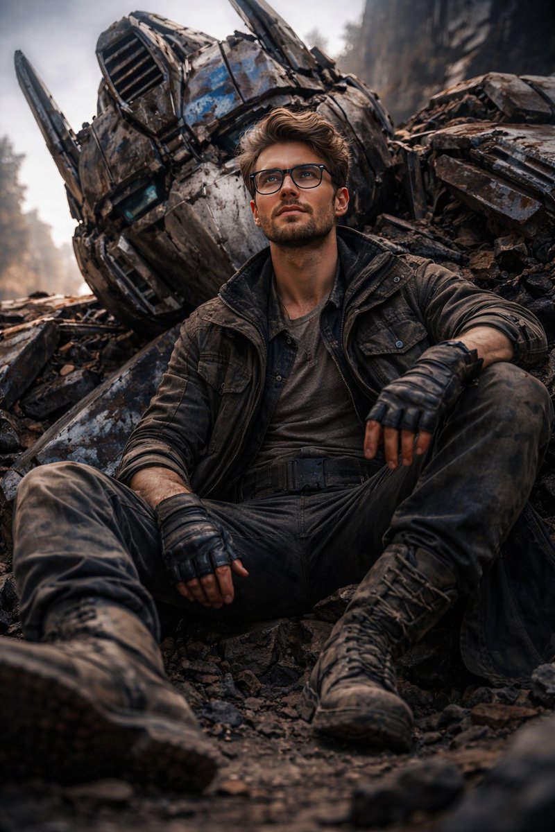 Post-apocalyptic portrait among ruined Transformers heads