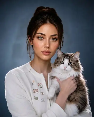 Retrato de estudio de una mujer sosteniendo a un esponjoso gato Maine Coon