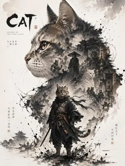Cat Character Promotional Poster with Double Exposure
