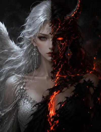 Pintura digital de figura angelical y demoníaca de rostro dividido