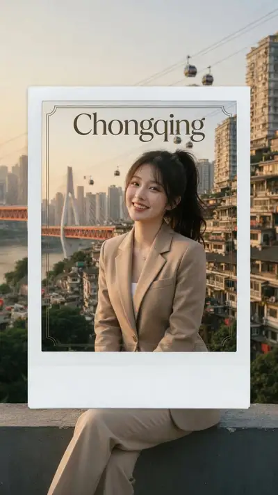 Quiet luxury travel portrait with Chongqing postcard frame