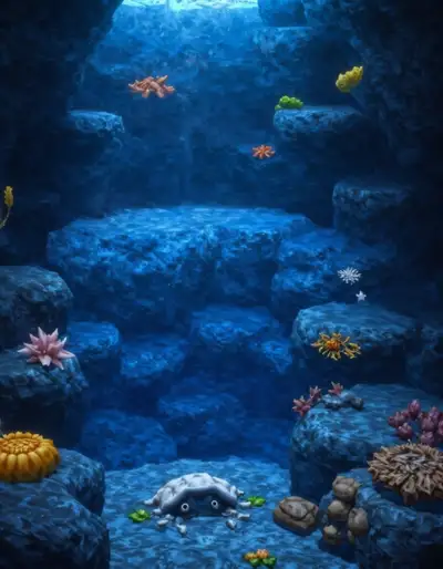 Ethereal Ancient Carvings with Bioluminescent Jellyfish