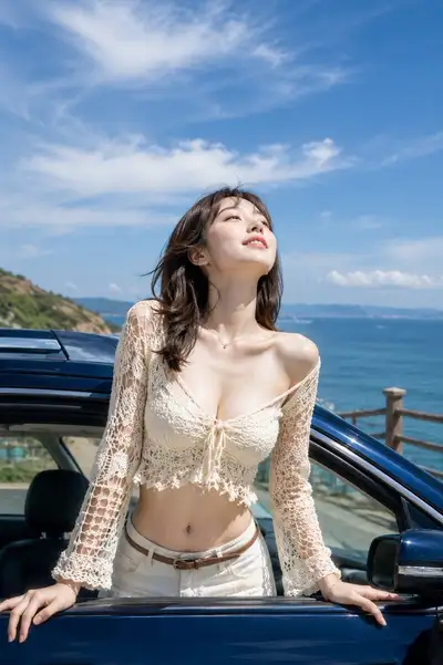 Convertible car portrait with sea breeze on a coastal drive