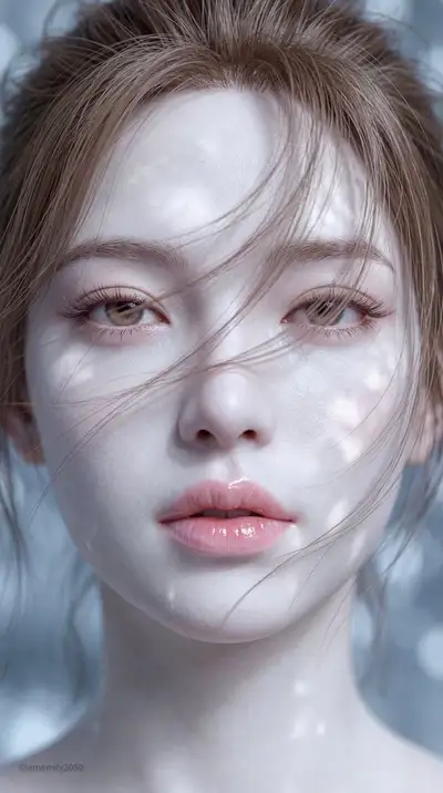 3D thick-painting extreme close-up of windblown lips and hair