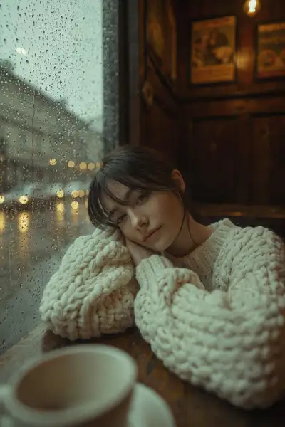 Cozy Cafe Portrait With Rainy Window and Warm Lighting