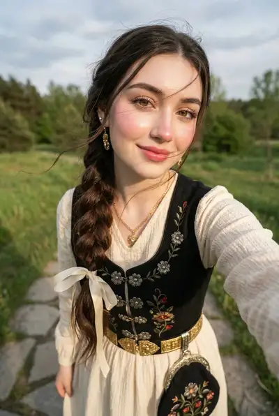 Elegant outdoor selfie portrait in traditional-inspired attire