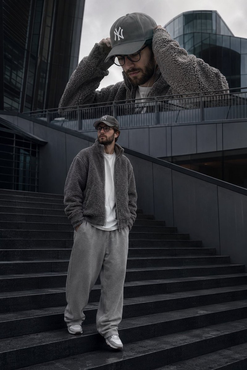 cinematic luxury streetwear editorial with a layered in-camera composition,