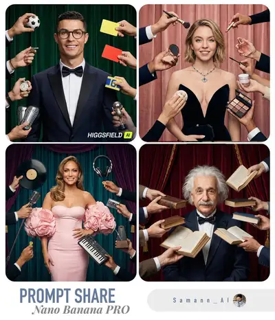 Tuxedo portrait surrounded by hands offering themed props