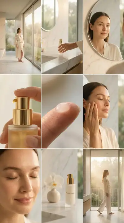 Serene skincare morning routine collage in a luxury marble bathroom