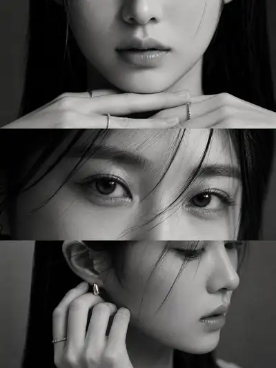 Three-panel black and white beauty portrait study