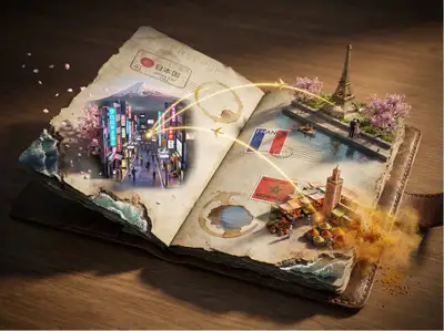 Passport pages erupting into miniature travel destinations