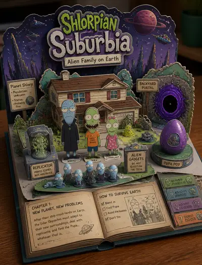 Solar-Opposites-Papercraft-Diorama im Bilderbuchstil