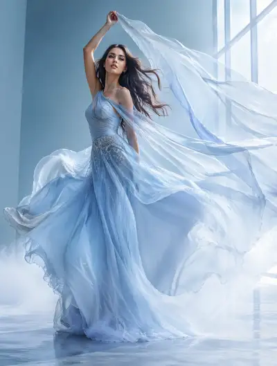 Powder-blue couture gown editorial with wind-blown cape