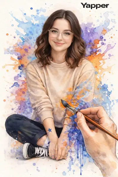 Retrato em aquarela com uma mão pintando-o até existir