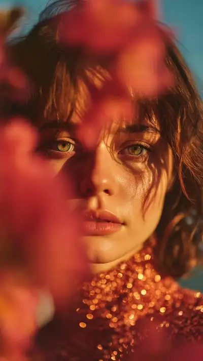 Golden-hour portrait framed by pink blossoms