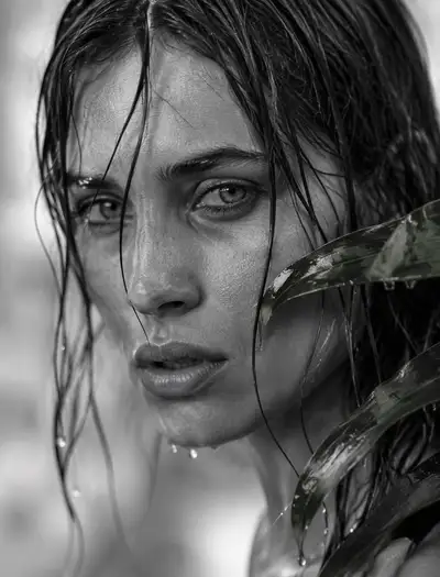 Close-up of woman's wet face in Peter Lindbergh style