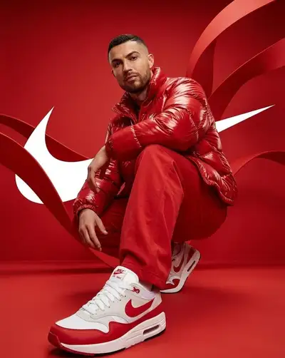 Campaña streetwear de chaqueta acolchada roja con primer plano de zapatilla