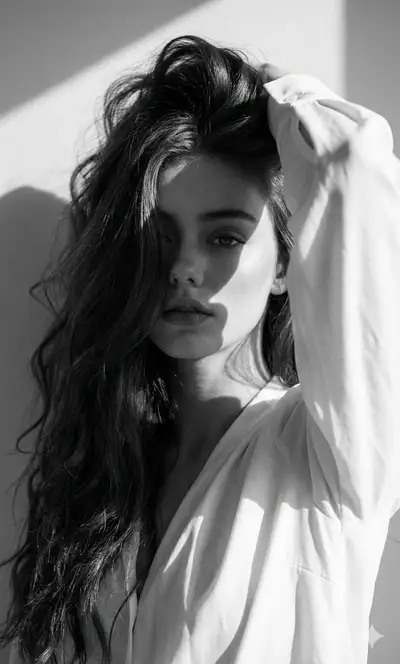 Black and white high-fashion editorial portrait, raised arm