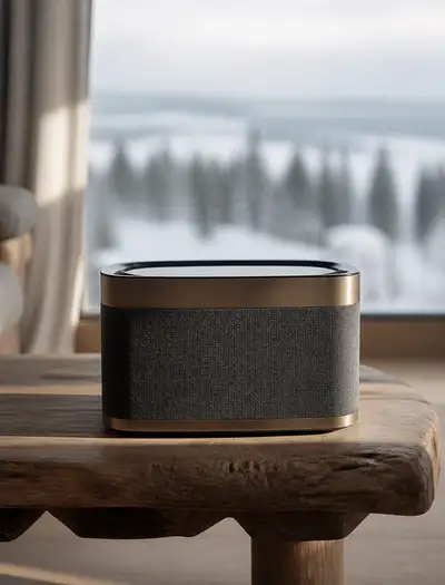 Cinematic still life of a brass wireless speaker in a minimalist living room