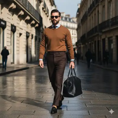 Stylish man in late 20s on sunlit city street