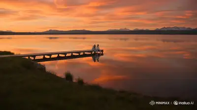 Filmische Seenlandschaft bei Sonnenuntergang mit Paar