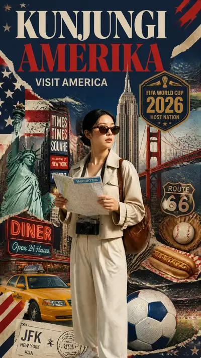 Visit America collage poster with World Cup 2026 theme