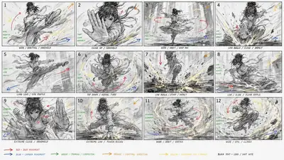 12-panel kung fu action storyboard with elemental VFX notes