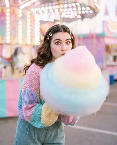 Cozy pastel fair portrait with giant cotton candy