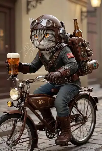 Steampunk-Abenteurerkatze auf einem Oldtimer-Fahrrad (Grok Imagine)