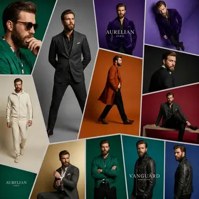 Multi-panel luxury fashion grid of the same male model