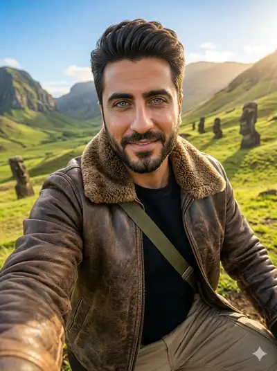 Travel Influencer Selfie in Rugged Landscape