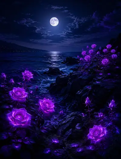 Fluorescent Purple Roses on a Rock at Night